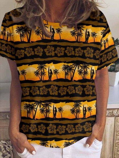 

Plants Print Casual Short Sleeve Tops, As picture, T-shirts
