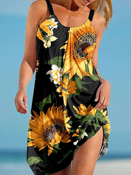 Casual Sunflower Sleeveless Knit Dress, Multicolor, Dresses