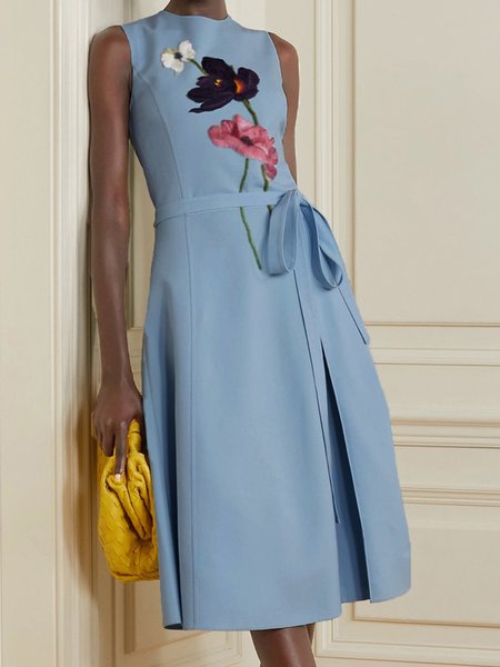 

Elegant Crew Neck Floral Short Sleeve Dress, Blue, Midi Dresses