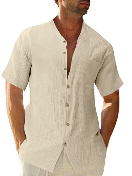 

Men's Cotton Linen Striped Short Sleeve Shirt, Apricot, Shirts ＆ Blouse