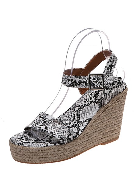 

Snake Print - Plain Simple Strap Straw Wedge Sandals, Snakeskin, Sandals
