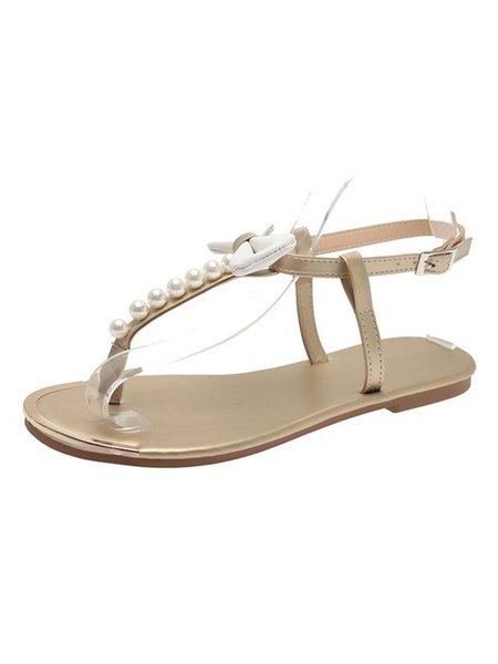 

Ladies Pearl Bow Round Toe Thong Roman Shoes Lightweight Flat Sandals, Khaki, Sandals