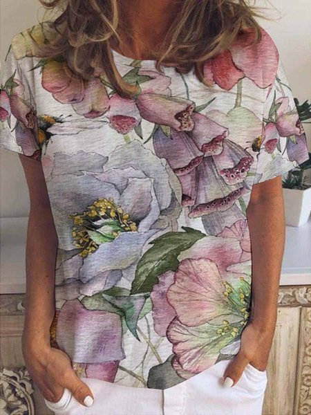 

Floral Print Women's Short Sleeve T-Shirt, As picture, T-shirts