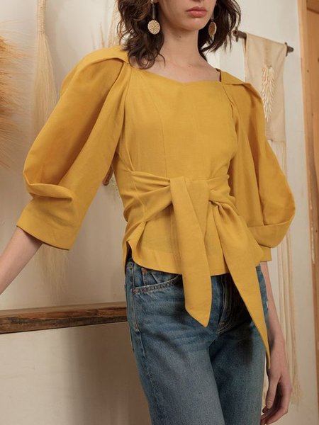 

Casual Solid Daily Three Quarter Top, Yellow, Tops