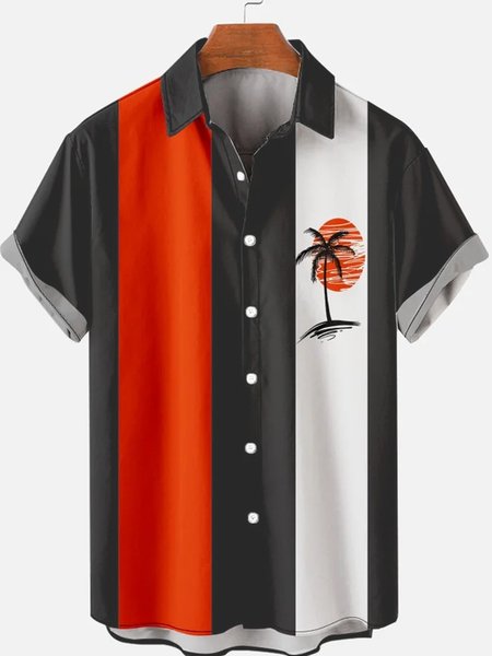 Black And Orange Plam Tree Men's Short Sleeve Shirt, As picture, Short Sleeves Shirts