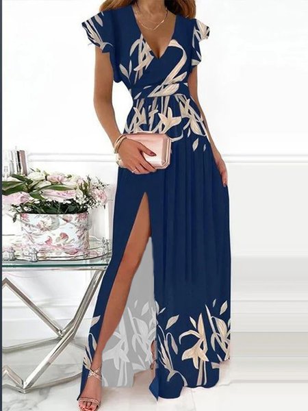 

Elegant Vacation Short Sleeve Floral Dress, Purplish blue, Maxi Dresses
