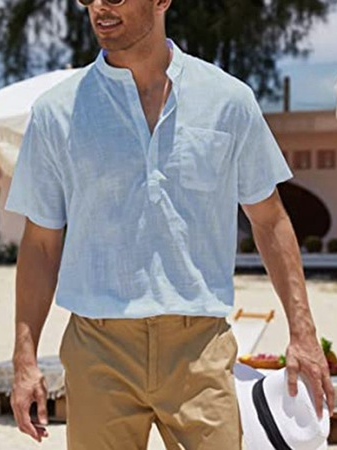 

Short Sleeve Cotton And Linen Vacation Short Sleeve Shirt, Blue, Blouses&Shirts
