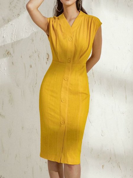 

Solid Elegant Regular Fit Sleeveless Woven Dress, Yellow, Midi Dresses