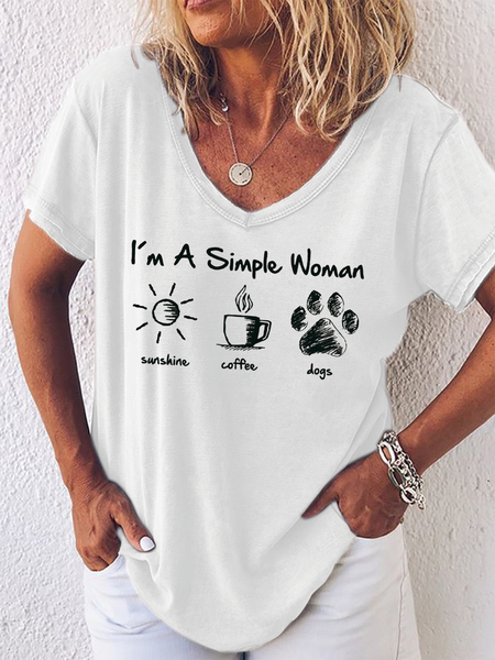

I‘m a Simple Woman Sunshine Coffee Dogs Loosen Simple Short Sleeve Tops, White, T-shirts