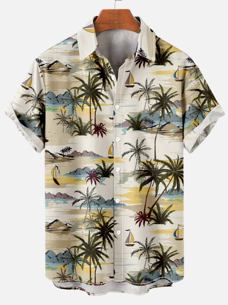 

Plants Print Casual Vacation Short Sleeve Polo Shirt, As picture, Short Sleeves Shirts