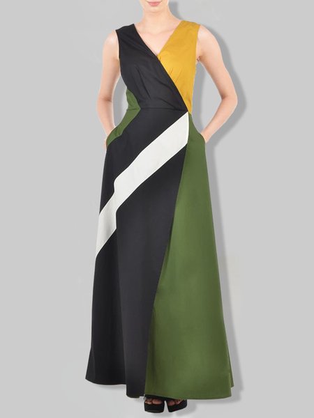 

V Neck Geometric Sleeveless Woven Dress, Multicolor, Maxi Dresses