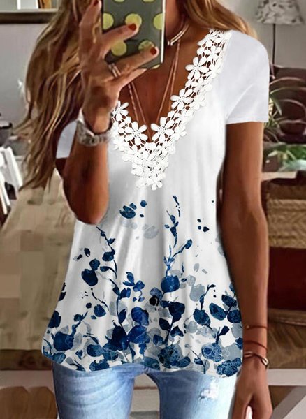 

JFN V Neck Floral Lace Vacation Blouse, White, T-Shirts