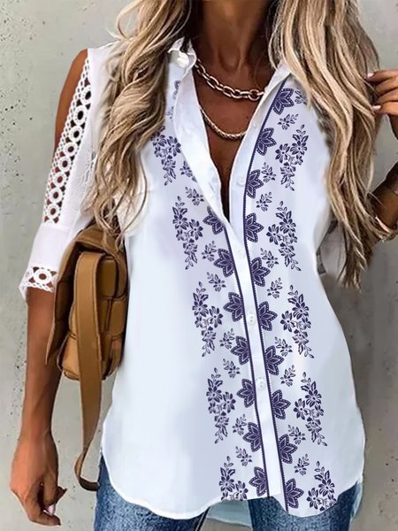 

Romantic Vacation Floral Buttoned Loosen Shirt Collar Mid Sleeve Blouse, White, Blouses & Shirts