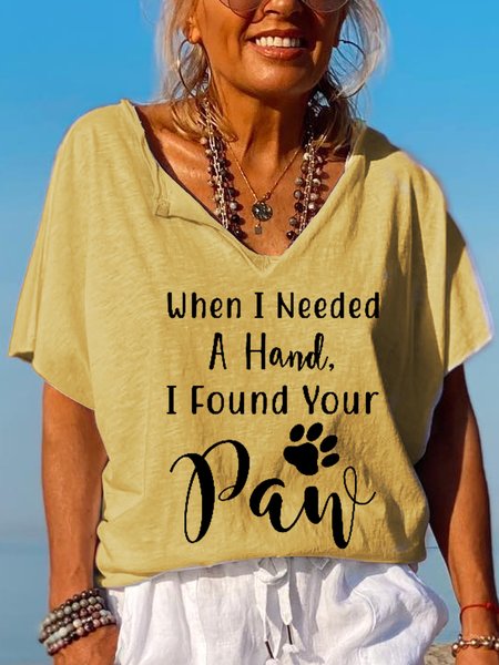 

When I Needed A Hand Funny Dog Paw Loosen Casual V Neck Short Sleeve Tops, Yellow, T-shirts