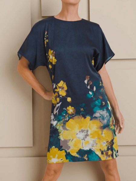 

Summer Lightweight A-line Elegant Crew Neck Short Sleeve Woven Dress, Dark blue, Mini Dresses