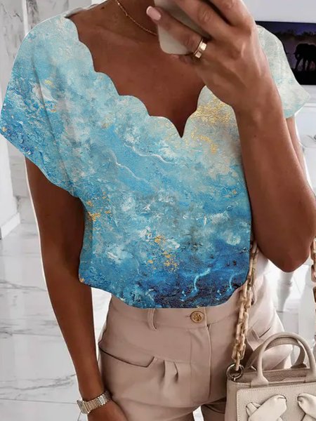 

Gradient marble wave neck loose holiday top Plus Size, Blue, Shirts & Blouses