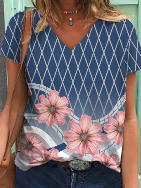 

Casual Floral Printed Short Sleeve T-Shirt, Blue, T-Shirts