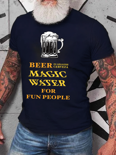 

Beer Magic Water Letter Cotton Short Sleeve T-Shirt, Dark blue, T-shirts