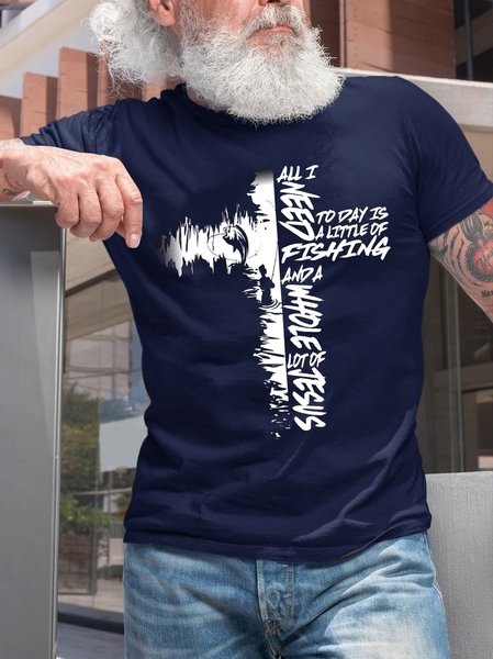 

Fishing And Jesus Funny Cross Print T-Shirt, Purplish blue, T-shirts