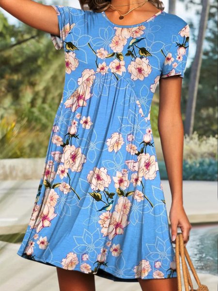 

Floral Short Sleeve Knit Dress, Blue, Mini Dresses