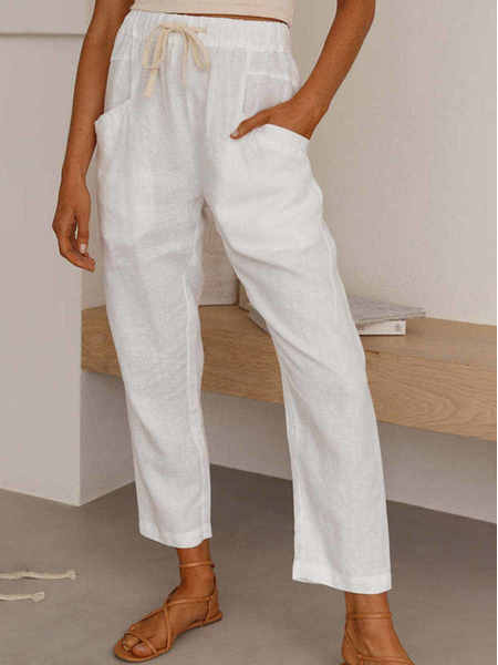 

Loosen Linen Casual Drawcord Plain Pants, White, Pants