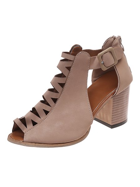 

Cross Cutout Fish Mouth Chunky Heel Sandals, Khaki, Sandals