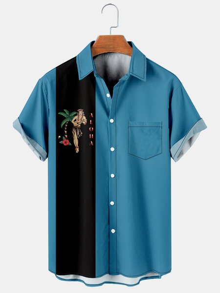 

Mens Retro Aloha Girls Print Lapel Loose Chest Pocket Short Sleeve Funky Bowling Shirts, Blue, Men's Floral shirt