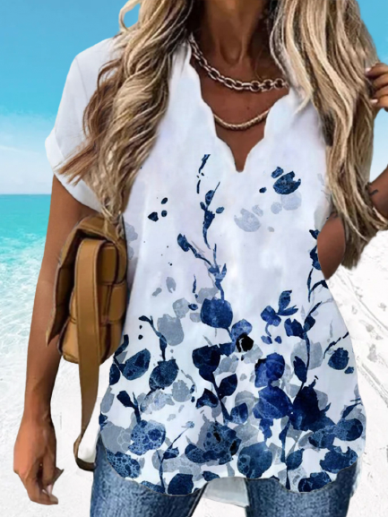 Buy Loosen Casual Floral Short Sleeve Blouse, Blouses & Shirts, Zolucky, Blue