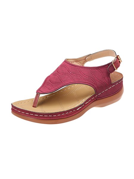 

Embroidered Wave Pattern Vintage Casual Thong Sandals, Wine red, Sandals