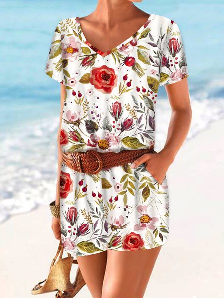 

Vacation Floral Printed Casual Loosen V Neck Pockets Plus Size Jumpsuit & Romper, White, Jumpsuits