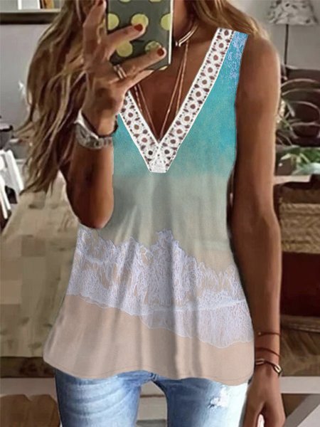 

Sleeveless Beach V Neck Plus Size Casual Tank, Multicolor, Tank Top