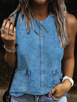 

Denim Plain Vacation Women Tank, Blue, Tanks & Camis
