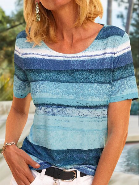 

Vacation Ombre Sea Striped Printed Casual Loosen Short Sleeve T-Shirt, Blue, T-Shirts