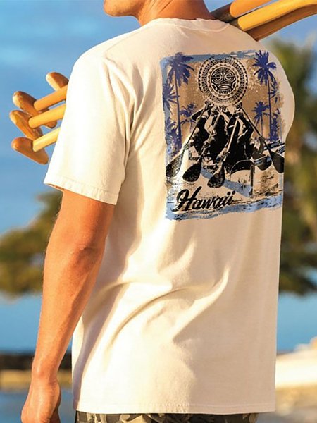 

Vacation Short Sleeve Crew Neck Cotton Short Sleeve T-Shirt, White, Shirts ＆ Blouse