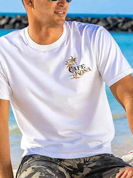 

Crew Neck Short Sleeve Cotton Coconut Tree Short Sleeve T-Shirt, White, Shirts ＆ Blouse
