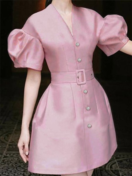 

Elegant Puff Sleeve Short Sleeve Dress, Pink, Mini Dresses