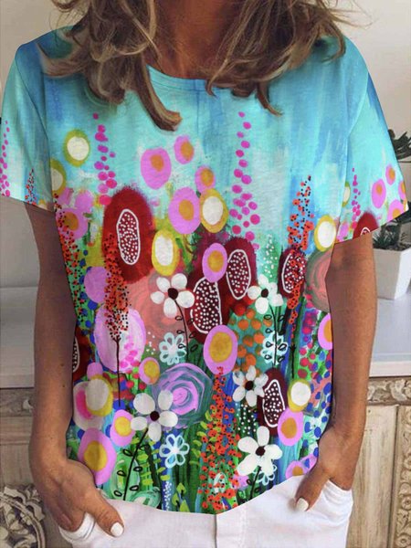 

Casual Simple Floral Print Crew Neck T-Shirt, As picture, T-shirts