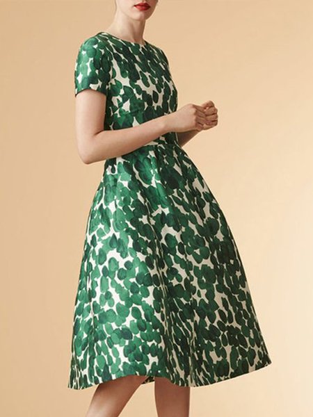 

Regular Fit Crew Neck Elegant Short Sleeve Woven Dress, Green, Midi Dresses