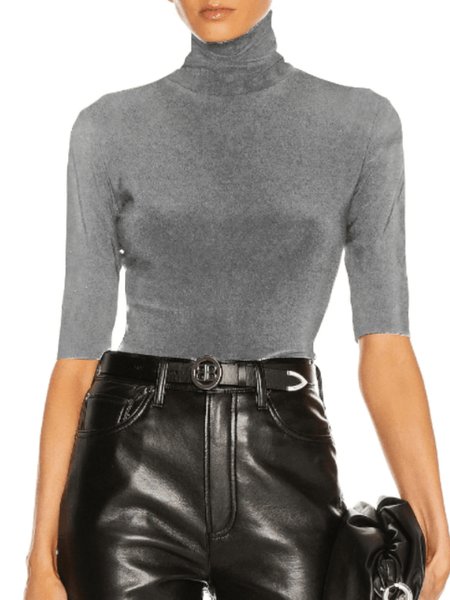 

Spring Plain High Neck Slim Fit Lightweight Daily Top, Gray, Tees