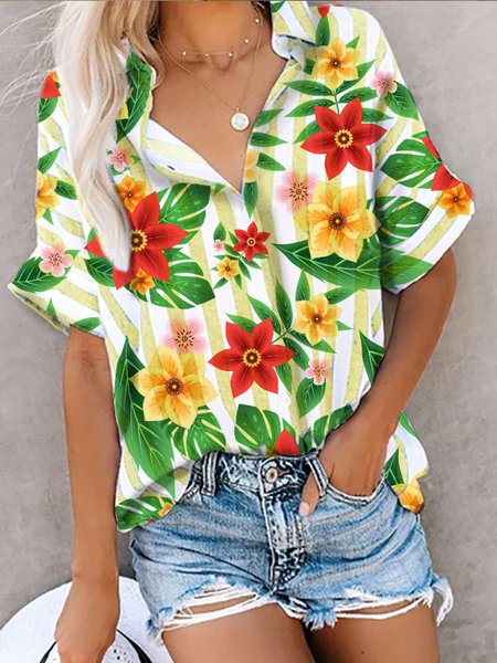 

Floral Loosen Shirt Collar Short Sleeve Blouse, Yellow, Shirts & Blouses