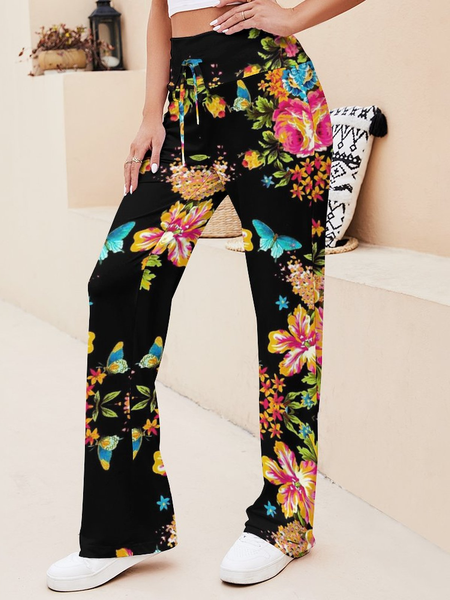 

Vintage Floral Print Casual Pants, As picture, Pants