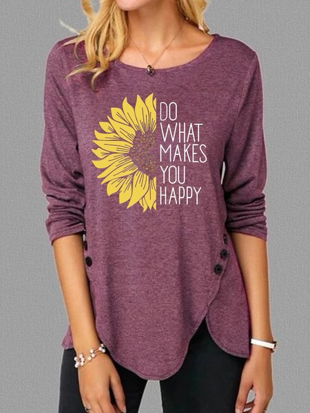 

Do What Makes You Happy Sunflower Print T-Shirt, Wine red, Long sleeves