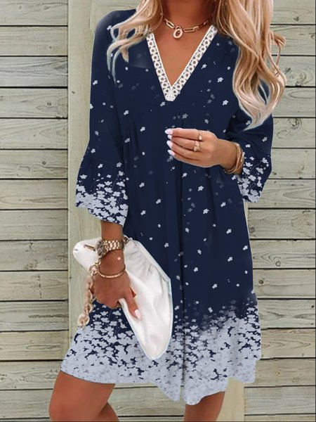 

Gradient flower print Lace Ruffle loose holiday dress Plus Size, Blue, Dresses