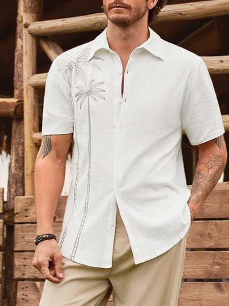 

Cotton and Linen Style Hawaiian Plant Coconut Tree Versatile Linen Shirt, White, Shirts ＆ Blouse