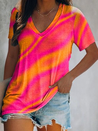 

V Neck Casual Short Sleeve T-Shirt, Red, T-Shirts