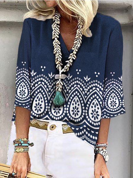 

Tribal Printed 3/4 Sleeve V Neck Plus Size Casual Tops, Navy blue, Tops