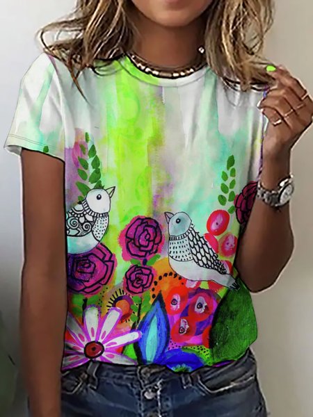 

Casual Floral Bird Print Crew Neck T-shirt, As picture, T-shirts
