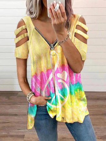 

Casual Zipper V Neck Ombre Short Sleeve Tops, Multicolor, Shirts & Blouses