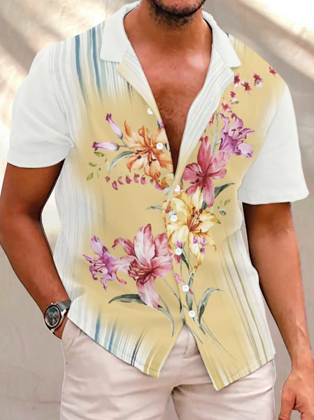 

Men's Casual Floral Print Cuban Collar Short Sleeve Shirt, As picture, Short Sleeves Shirts