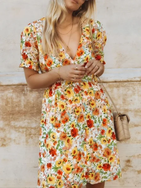 

A-line V neck Floral Loosen Casual Short Sleeve Woven Dress, Multicolor, Dresses